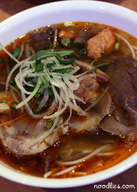 Bun bo hue contains several types of meat include pork; quite a fatty cut, beef and even a pig trotter or two.