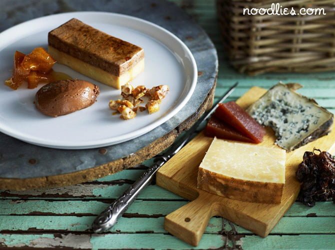 Chocolate & Orange Tart with Hazelnut Praline, Selection of Spanish Cheese with Muscatels & Crackers